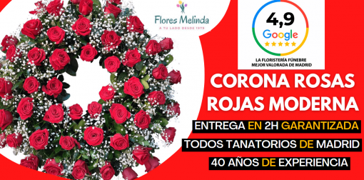 Corona Rosas Rojas enviar funeral difunto en tanatorio de Madrid, mejor Precio
