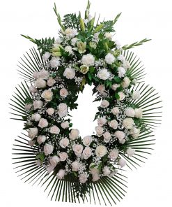 corona rosas blancas, floristería tanatorio Madrid M30