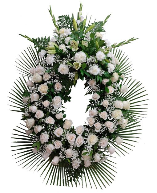 corona rosas blancas, floristería tanatorio Madrid M30