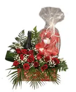 caja regalo rosas y peluche