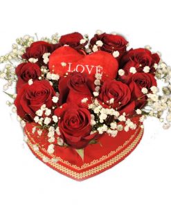 Caja regalo de 9 rosas y peluche con forma de corazón