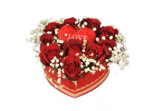 Caja regalo de 9 rosas y peluche con forma de corazón